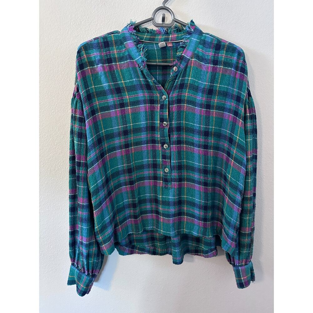 Anthropologie Pilcro Cropped Puff-Sleeve Soft Crinkle Green Plaid Blouse Small - Picture 4 of 8